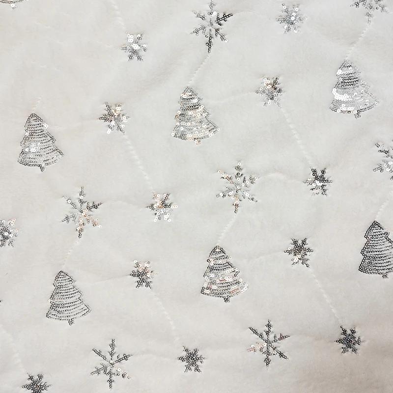 0.5m/1m Sequin Embroidered Snowflake Tree Artificial Rabbit Fur Fabric for Sewing Cushions Christmas Products Plush Craft Fabric