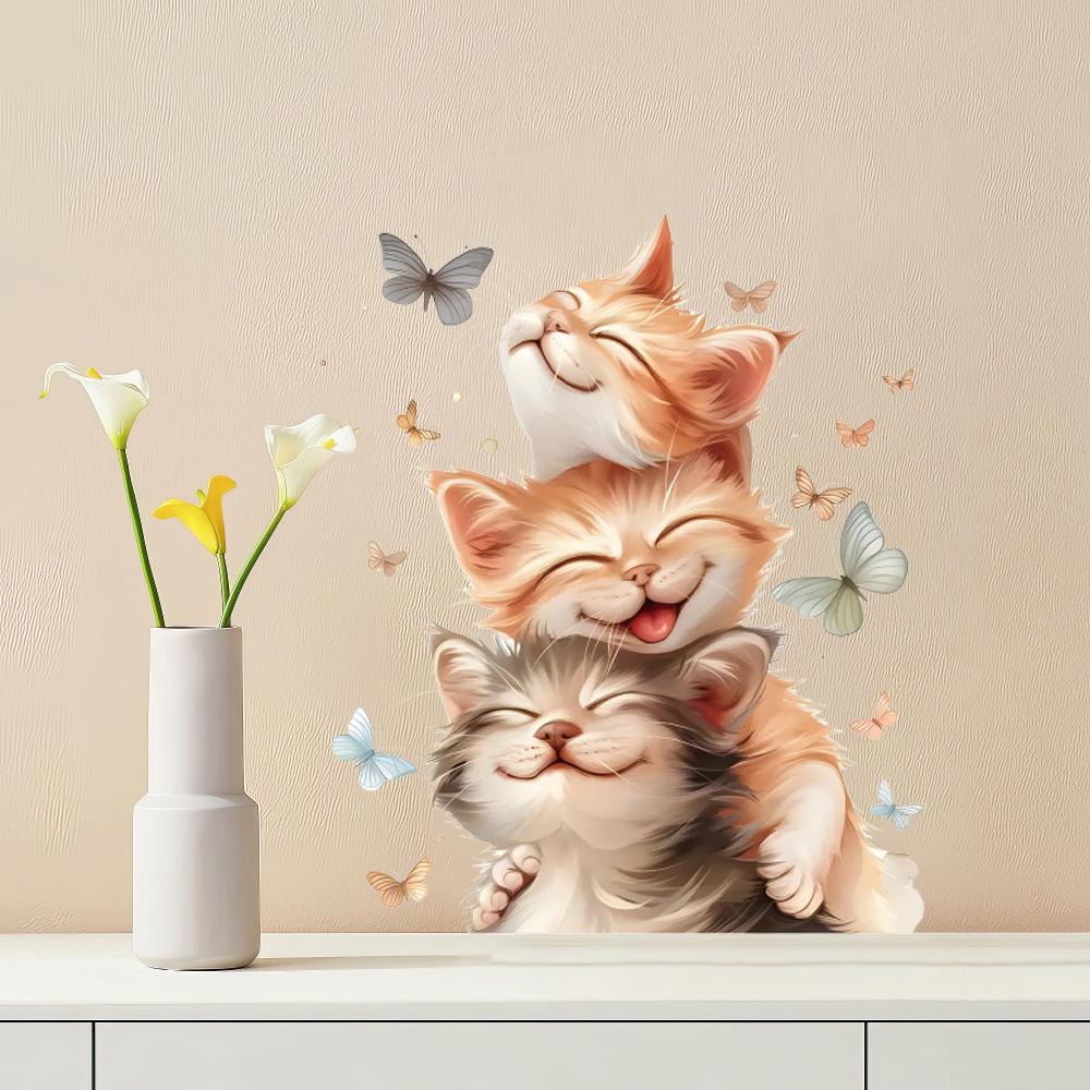 Self-adhesive Cartoon Cute Stacked Cats with Butterfly Wall Window Stickers for Kids Room Living Room Glass Decor