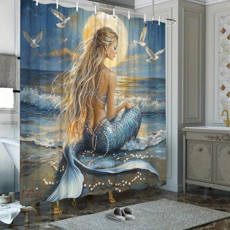Mermaid Moonlight Beach Shower Curtain Washable Dirt-Resistant Shower Head Waterproof Polyester Bath Curtain For Home Decor
