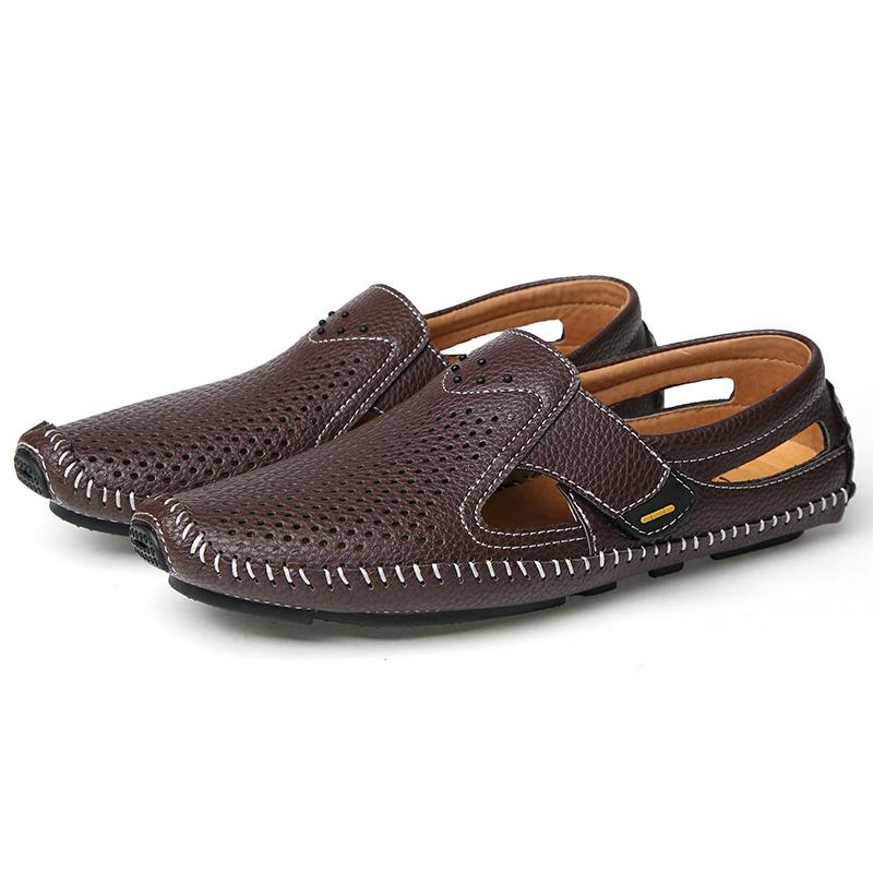 Fashion Men Sandals Men Breathable Footwear Mesh with Hole Cow Leather Shoes Male Comfortable Soft Sole Men's Casual Shoes Men Loafers