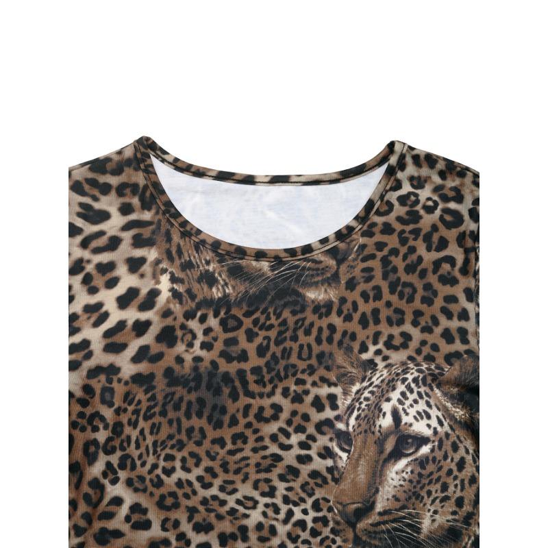 Autumn Vintage Leopard Print Slim Fit Round Neck Pullover Top Long Sleeved Women's T-shirts
