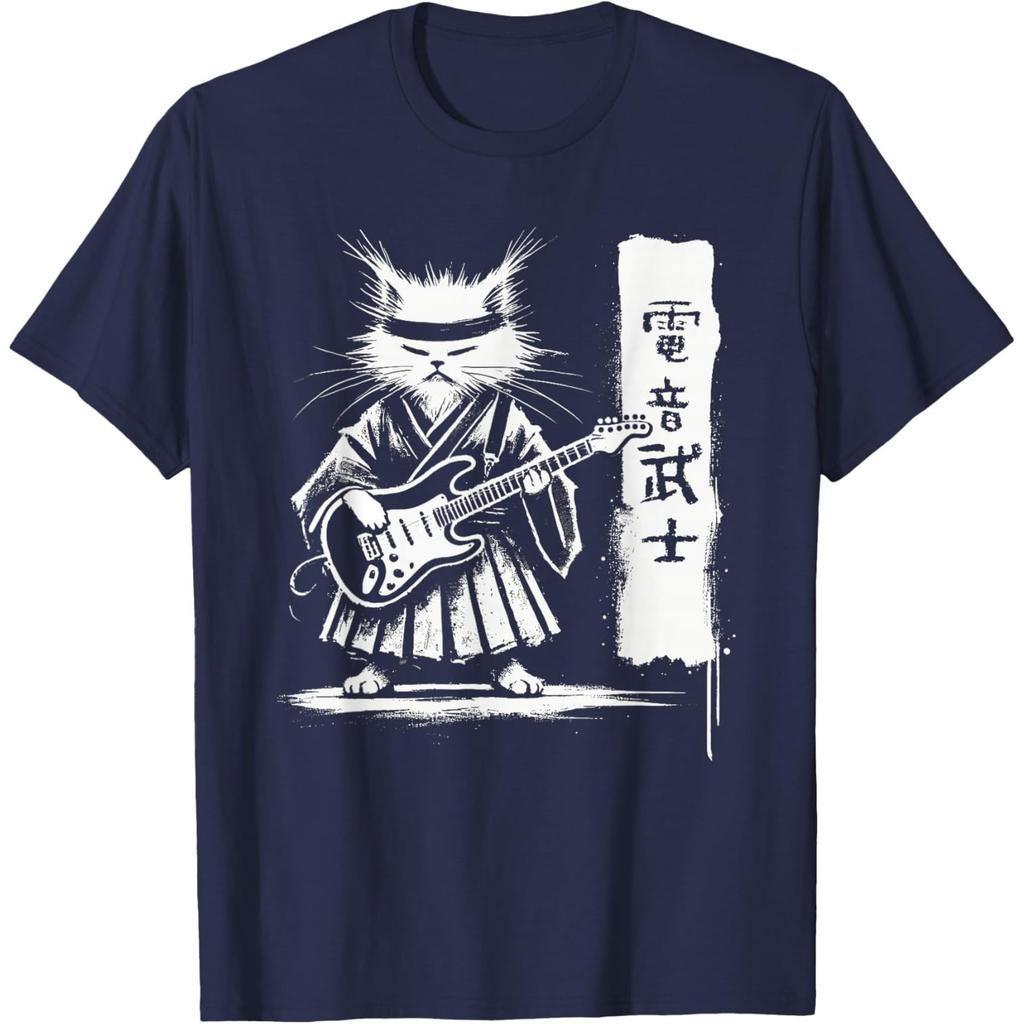 Electric Samurai Cat Playing Guitar Graphic Tee Rock Music Vintage Style T-Shirt for Men