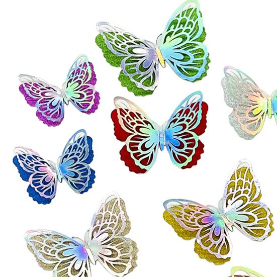 6 Pcs 3D Butterfly Wall Stickers Double-Layer Wing Butterfly Wall Art Glitter Sequined Removable Hollow Mural Decals for Birthday Cake Decoration