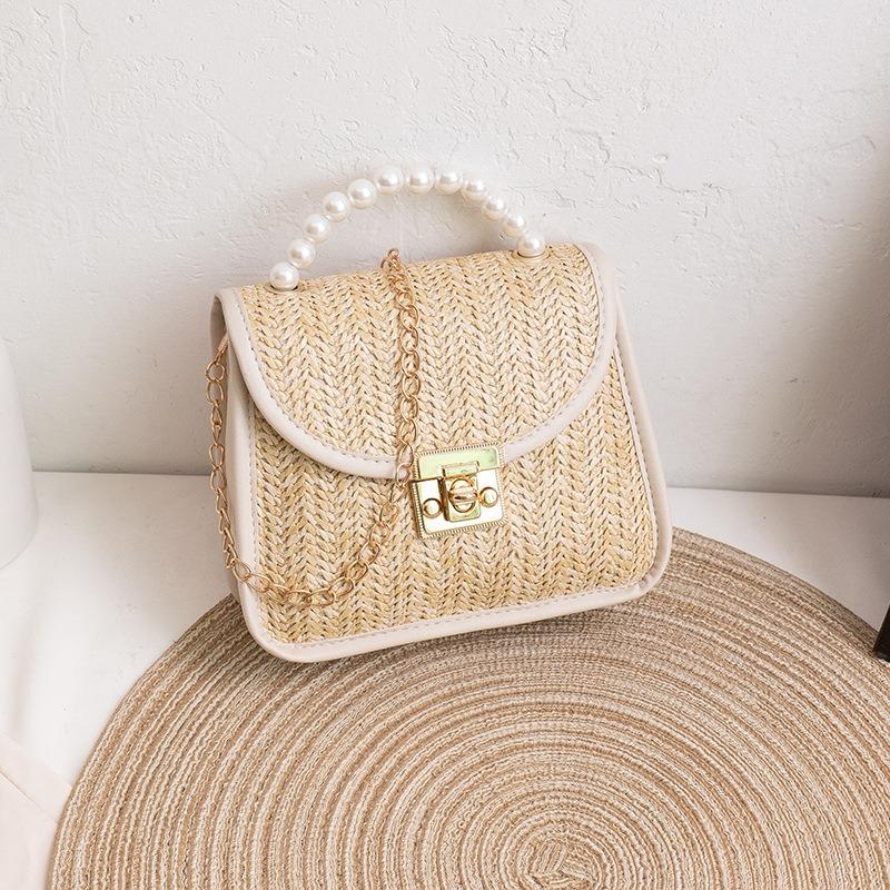 Straw Women's Bag Spring New Beaded Portable Small Square Bag Fashion Lock Bag Chain Shoulder Bag One Piece