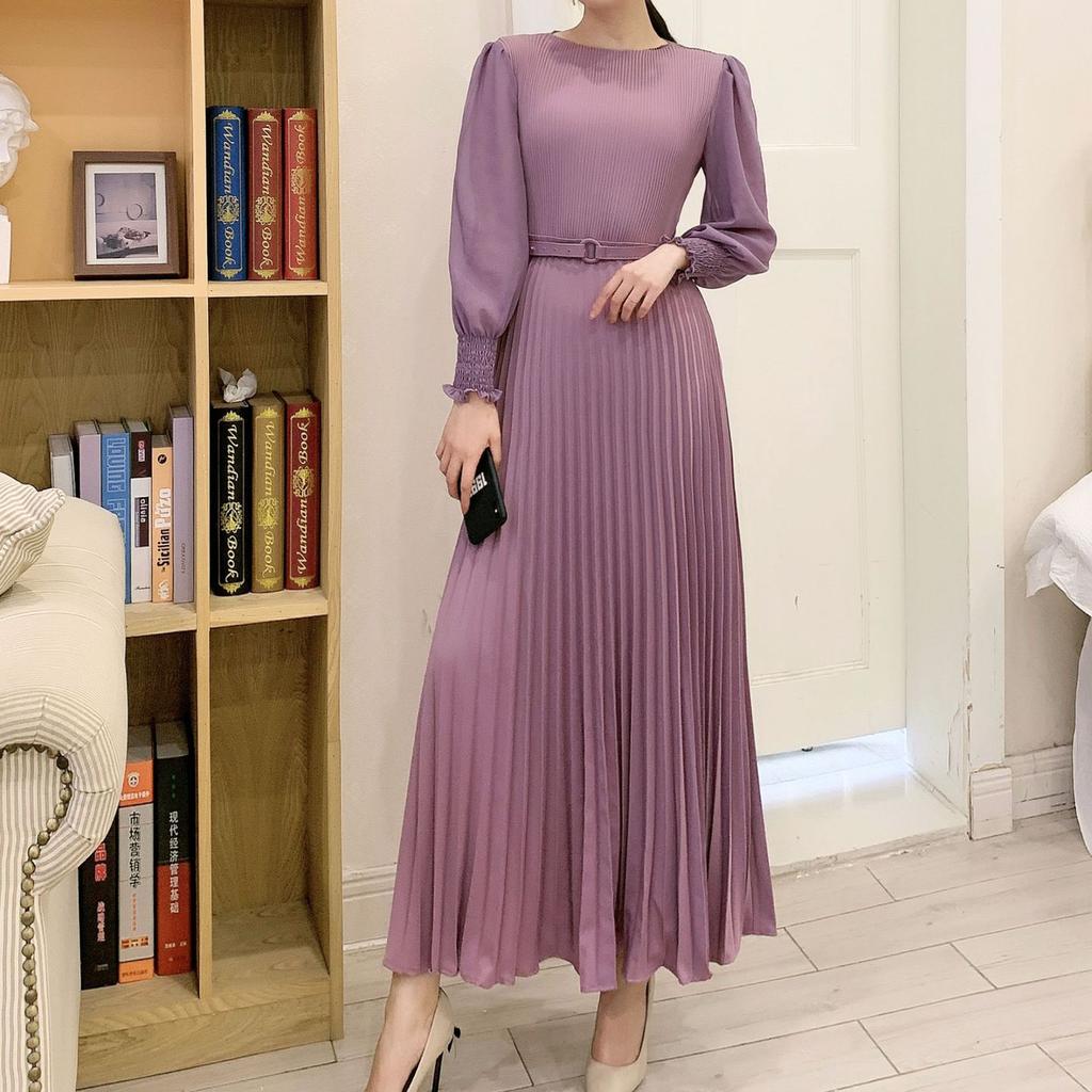 LYRIA Women Slim Pleated Maxi Dress with Belt Female Streetwear Vintage Dress Tie Front Dress  Robe