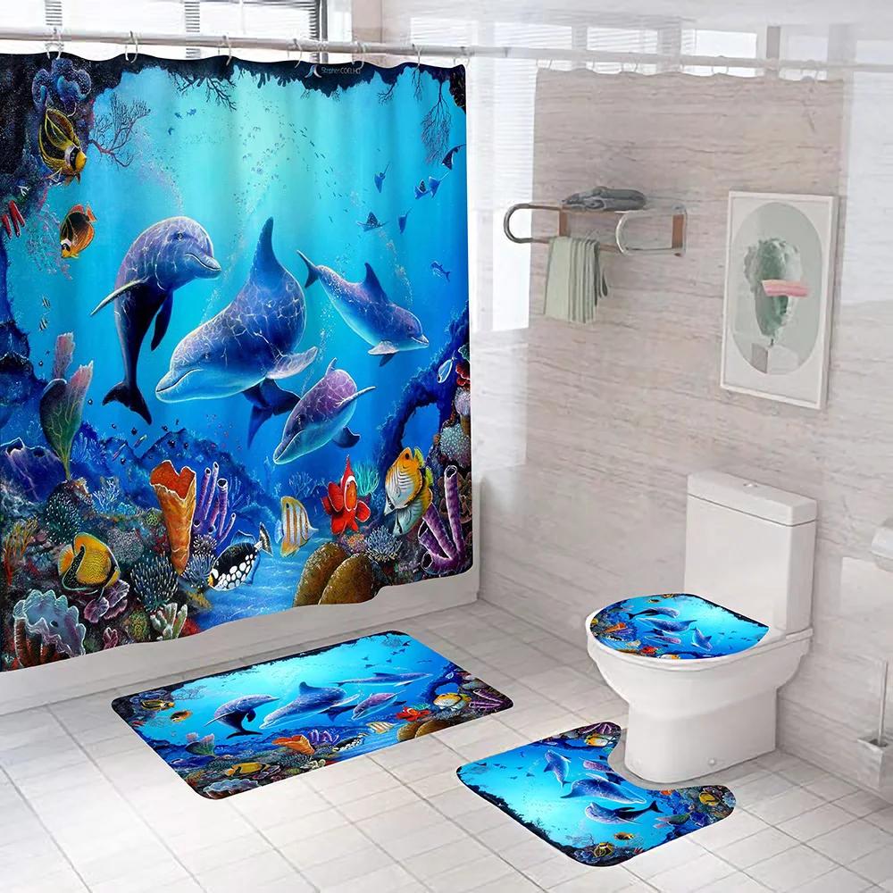 Ocean Dolphin Bathroom Set Animal Waterproof Fabric Shower Curtain Set Sea Scenery Pedestal Rugs Flannel Toilet Cover Bath Mats