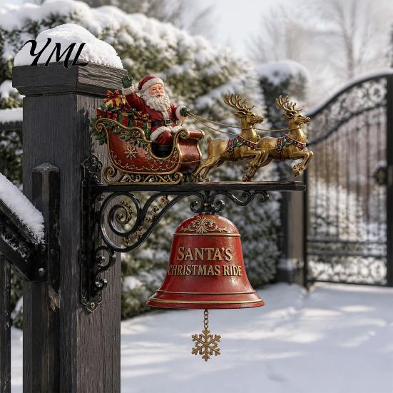 Christmas Doorbell Decoration Bell Wall Hanging Decoration, Santa Sleigh Reindeer Ornament, Large Decorative Seasonal Resin Decorations for Porch Door
