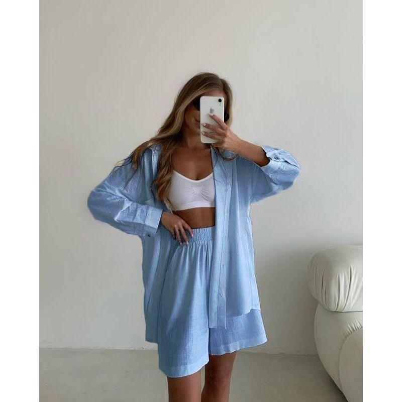 Fashion Spring and Summer Two-Piece Set Long Sleeves Lapel Shirt Shorts Loose Fashion Casual Set Casual Suit