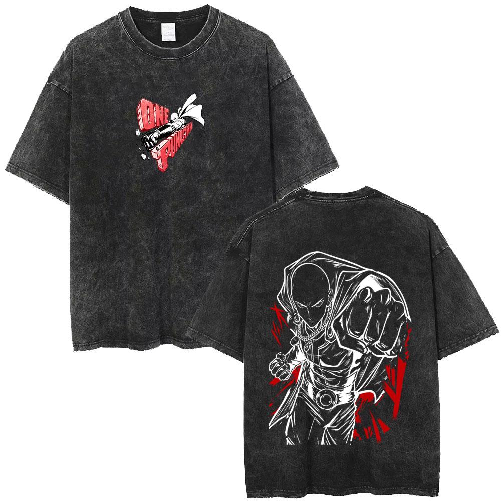 Japanese Anime One Punch Man Vintage Washed T-shirt Manga Zombieman Graphic T Shirt Fashion Casual Oversized T-shirts Unisex
