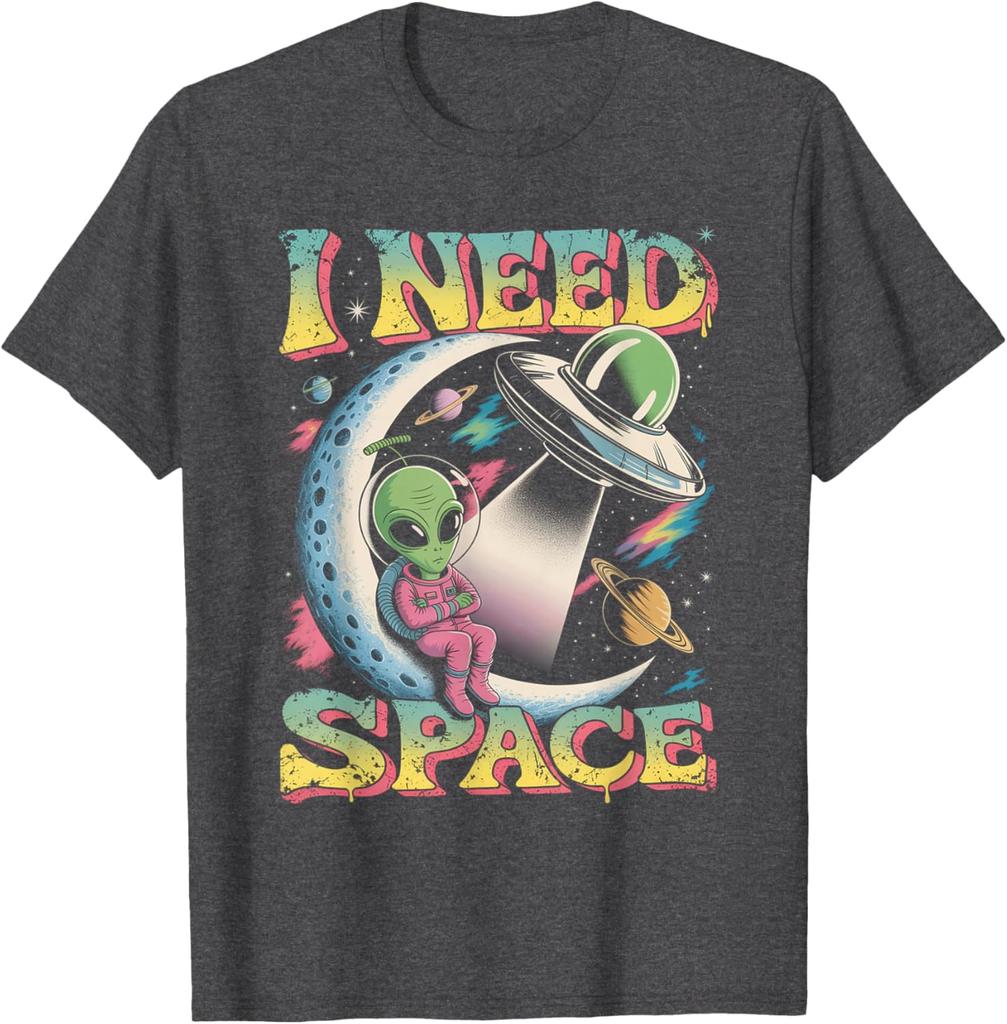 Alien Ich brauche Platz Retro Mond Sitzendes UFO Grafik T-Shirt Baumwolle Lässig Reise T-Shirt