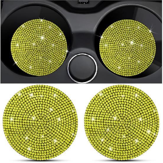 2PCS Bling Car Cup Holder Coaster, Crystal Rhinestone Non-Slip Ert Auto Cup Pads, Sparkling Vehicle Decor Bottle Mat Accessories For Women Girls,