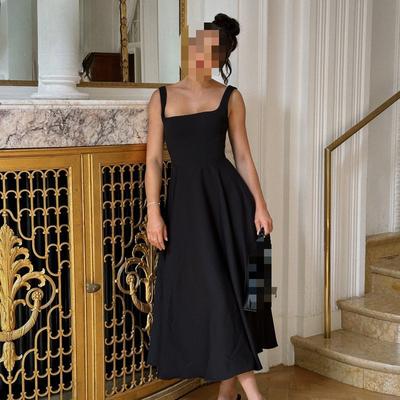 Europäisches und Amerikanisches Sommer Quadratkragen Taille A-Linie Mode Träger Langkleid