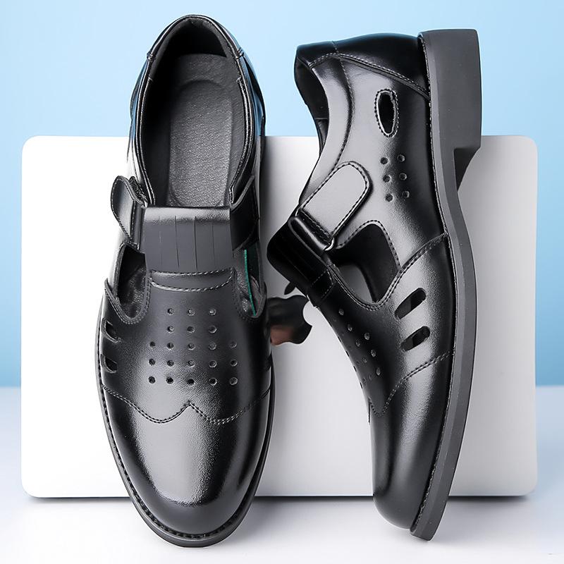 2025 Summer New Men's Business Dress Leather Shoes Men's Hollow Breathable Sandals Velcro Leather Sandals Men 1508