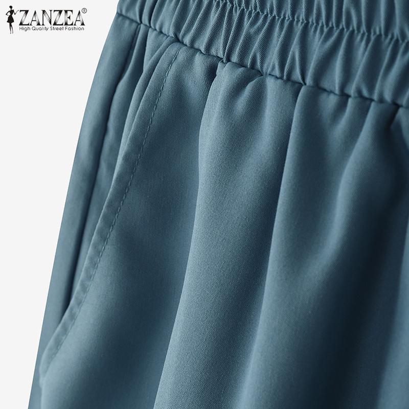 ZANZEA Women Casual Elastic Waist Loose Splice Cropped Pants