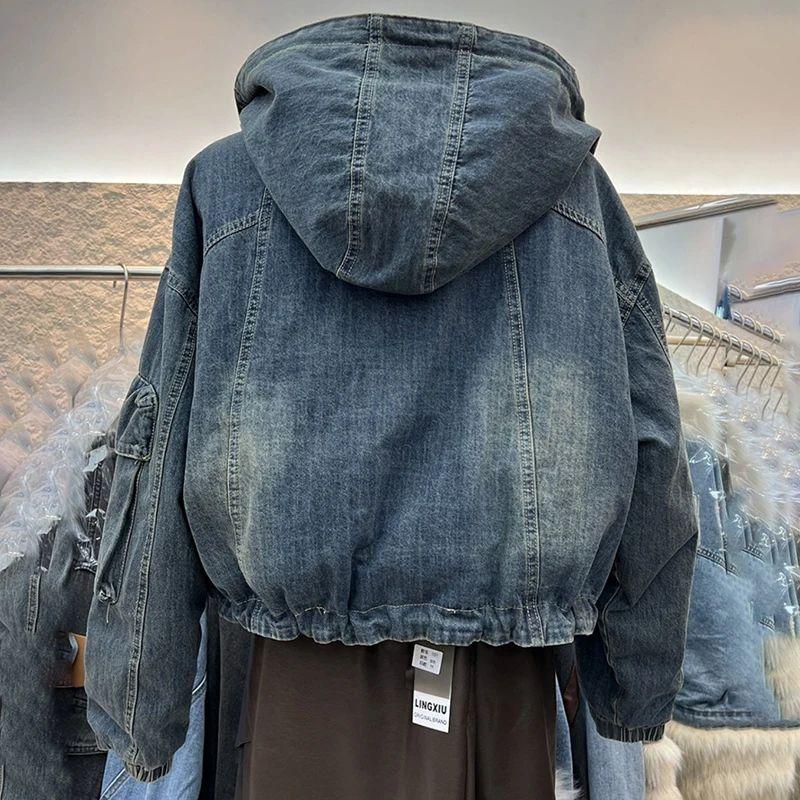 Винтажная джинсовая куртка Женское пальто Осень Зима Модный дизайн С капюшоном Двусторонняя Плотная Джинсовая короткая куртка