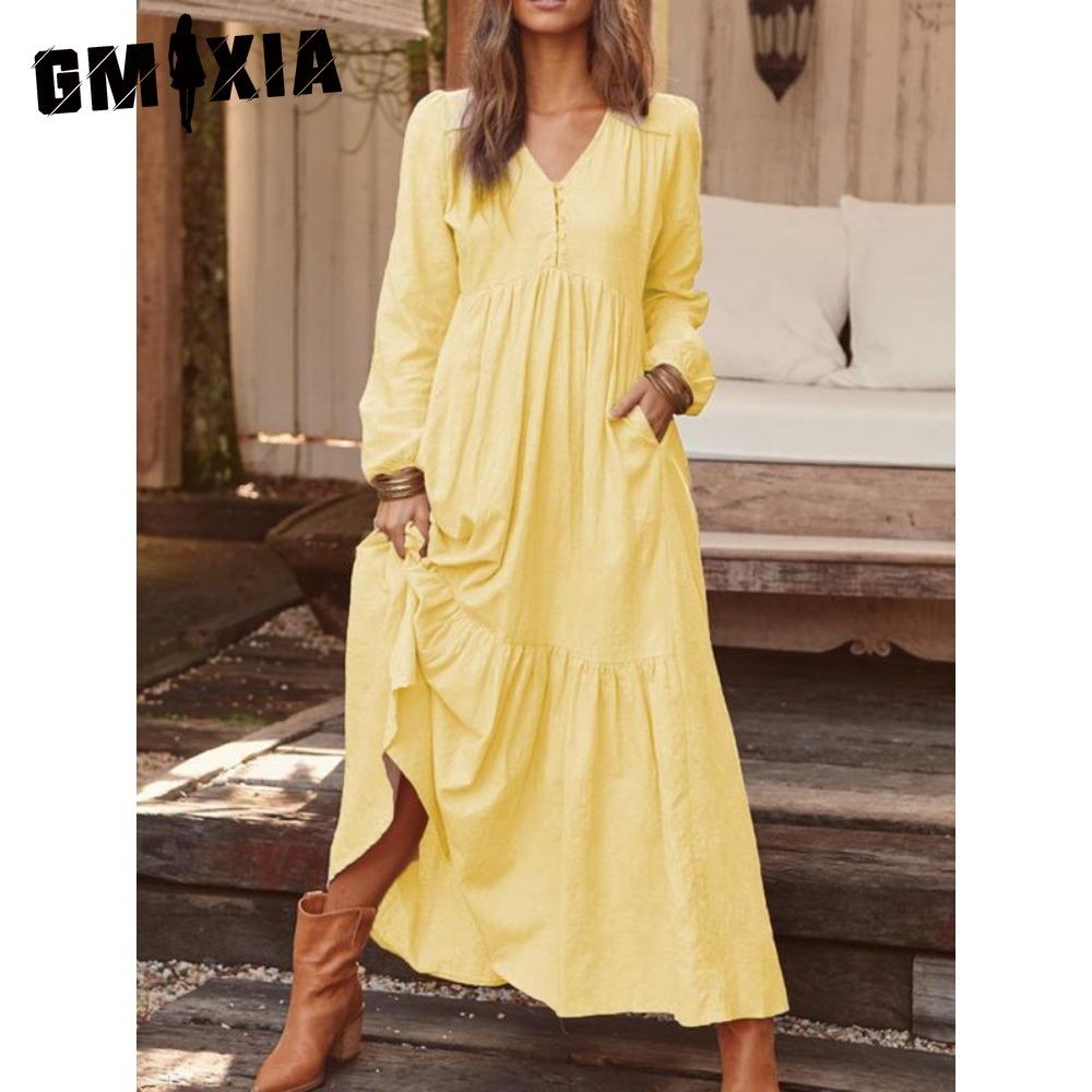 GMXIA Women's Cotton Maxi Dress Long Sleeve Ruffle Pocket V Neck
