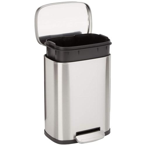 Basic 5L (5 Liter) Trash Can with Soft Close, Quiet Lid and Pedal, Stainless Steel, Stylish, Rectangular, Silver