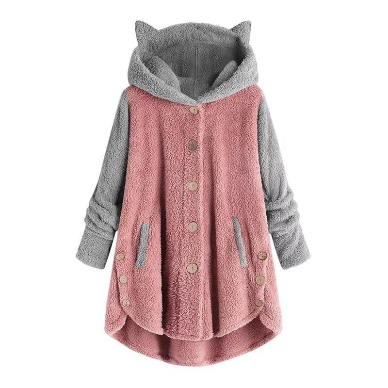 Autumn and Winter Button Hooded Cat's Ears (Steamed Cat-ear Shaped Bread) Plush Coat Irregular Color Matching Coat Women
