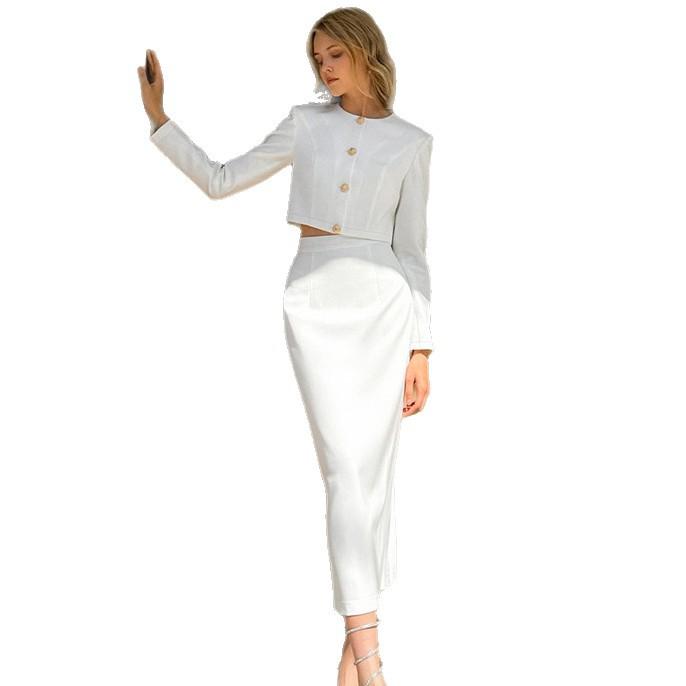European and American Commuter Elegant White Cropped Blazer Top Pencil Skirt Two-piece Set, Women's Autumn Fashion Workplace Set