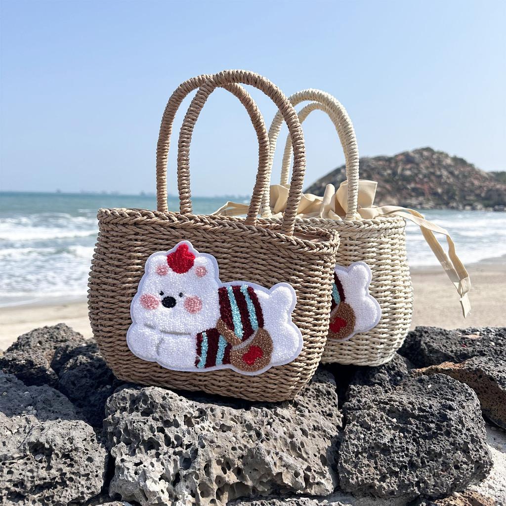 Cute Cartoon Plush Dog Decoration Women Casual Grass Woven Bagfor Beach And Vacation Use