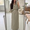 Elegantes Damen-Leinen-Set 2-teilig Bescheidenes Oversized-Hemd mit Knöpfen + Maxirock mit hoher Taille Lässiges schickes Co-ord-Outfit für den Frühling