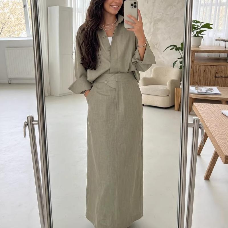 Elegantes Damen-Leinen-Set 2-teilig Bescheidenes Oversized-Hemd mit Knöpfen + Maxirock mit hoher Taille Lässiges schickes Co-ord-Outfit für den Frühling