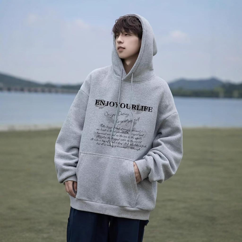 Fleece Förtjockad Tröja med Huva Herr Amerikansk Tröja Höst och Vinter Tröja med Huva Tonårsjacka