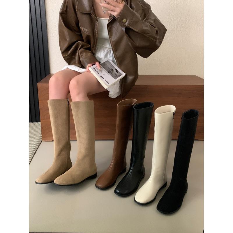 Retro Khaki Boots Women'S Shoes Autumn And Winter But Knee Round Head Flat Bottom Suede High Boots Women