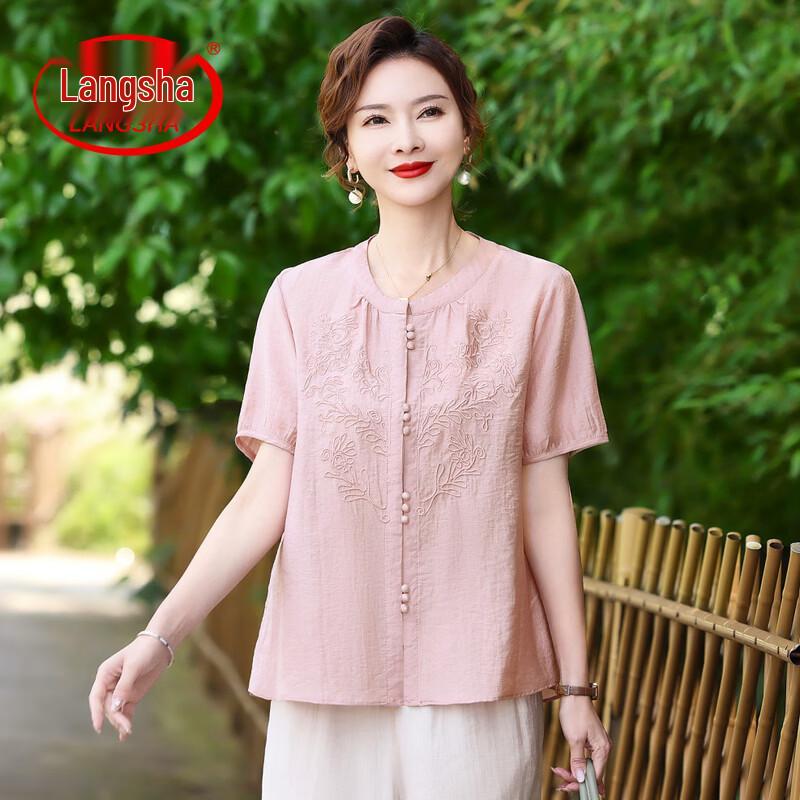 LangSha Women's Embroidered Cotton Linen Short Sleeve Top