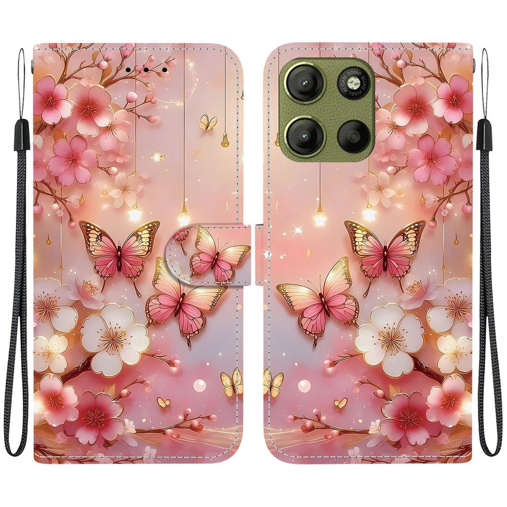 Håndlaget PU-lær flip-deksel for Motorola Moto G15 Sklisikkert Støtsikkert Deksel med Håndleddsstropp og Hjerte/Rose Katt Design