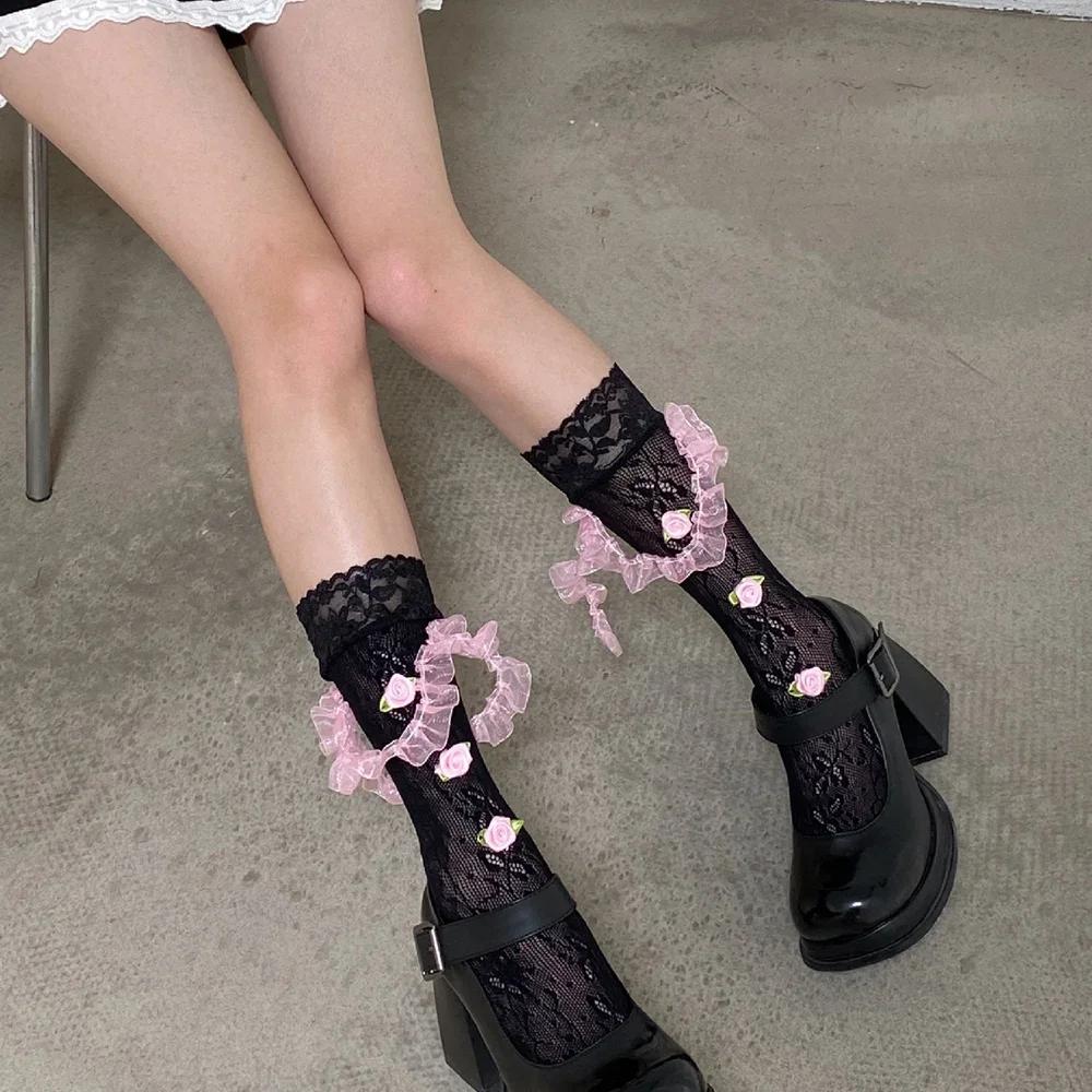Sweet Flower Women Medium Tube Socks Japanese Jk Leg Socks Y2K Rose Lace Flower Socks Thin Mesh Stockings Party Accessories