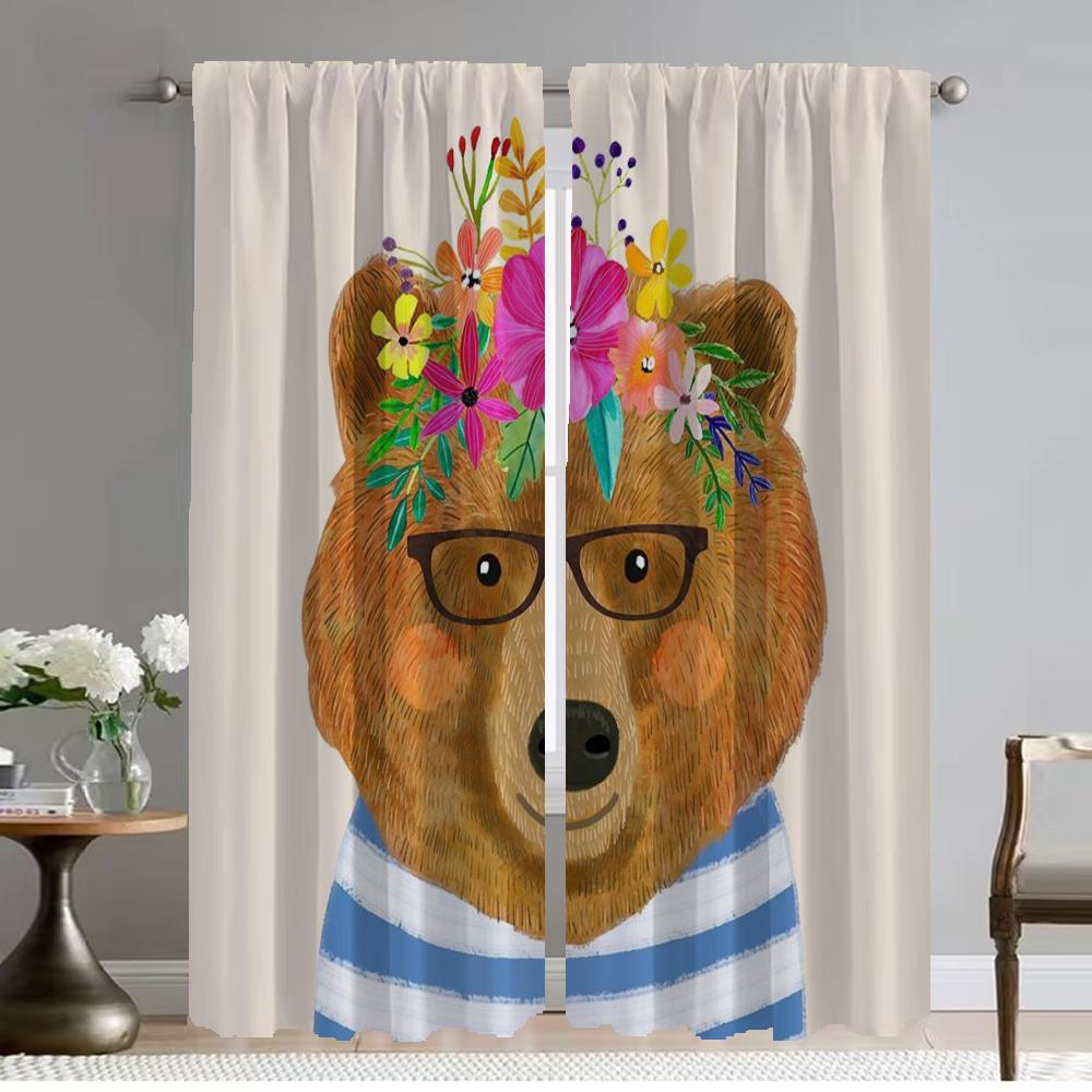 Home Interior Curtains for Living Room Floral Friends Animal Halloween Decoration Window Curtain Kitchen Curtains 2 Pieces Child