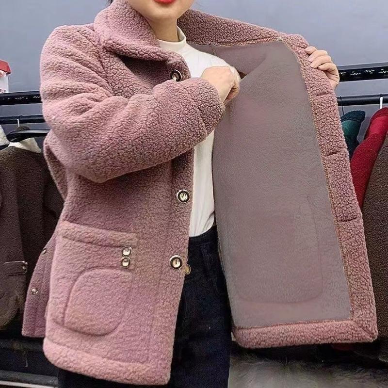 Plus Size Fleece-Lined Lamb Wool Coat - Warm Autumn/Winter Wear for Middle-Aged Women