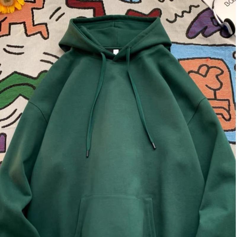 Hong Kong Style Men's Oversized Hooded Fleece Sweatshirt - Autumn/Winter Solid Color Pullover