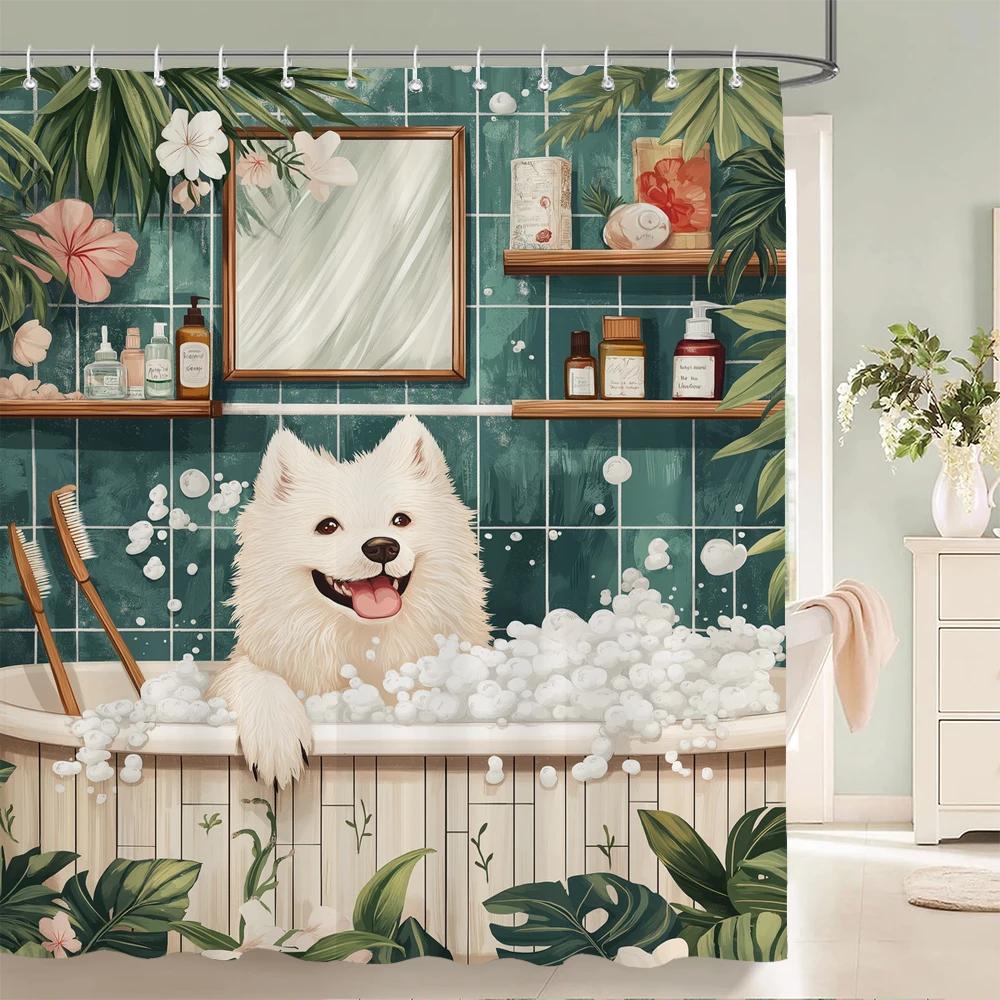 

Nordic style Flowers Leaves Animals Shower Curtain Cat and Dog Printed Bathroom Bath Curtain Home Decoration Curtain With Hooks 120X180cm