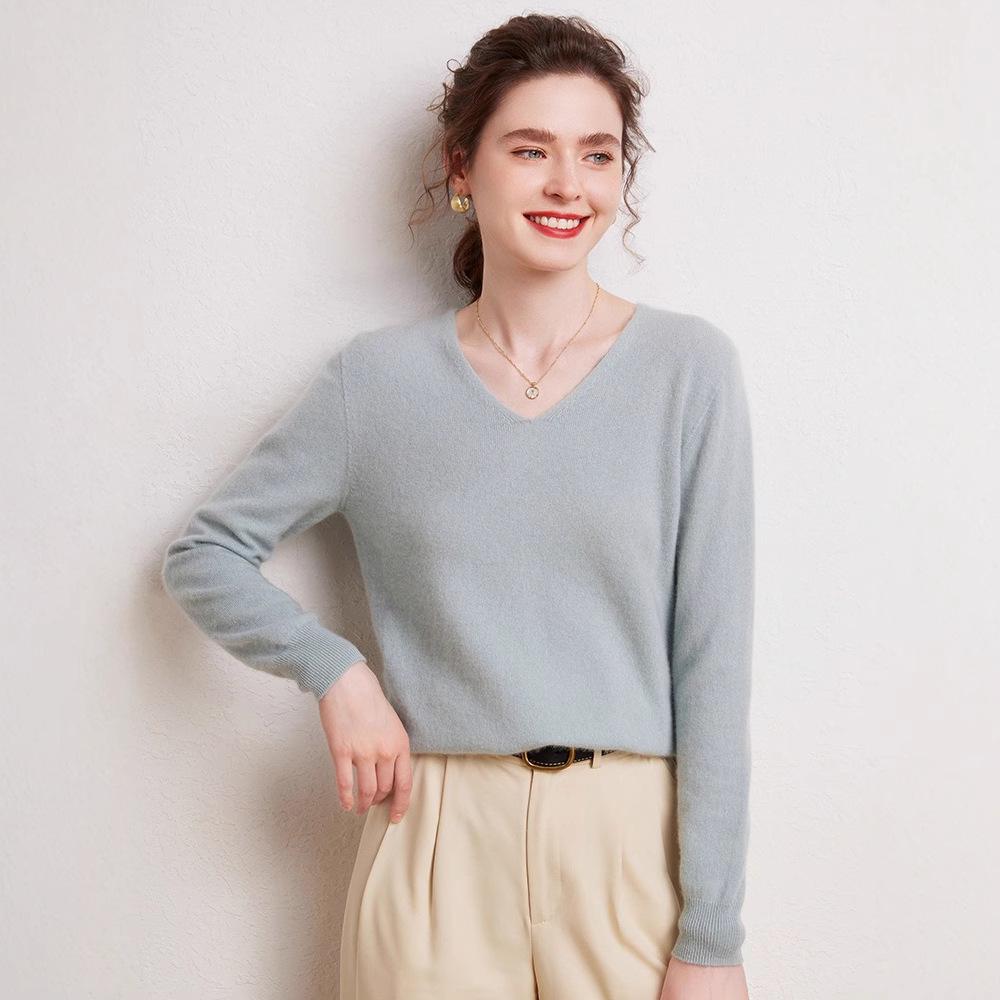 Women's 100% Pure Cashmere V-neck Sweater, Autumn Winter Long Sleeve Knit Pullover Top