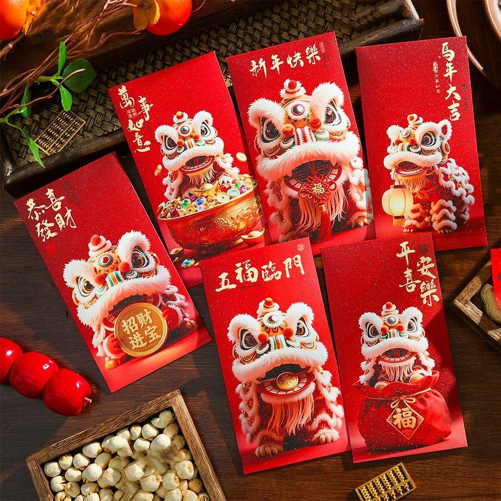 6pcs Chinese Style New Year Red Envelope Cartoon Red Pockets Lucky Money Bag  Celebration Event