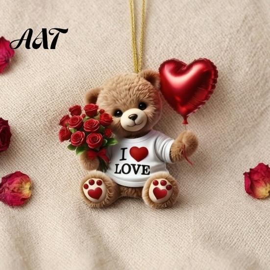 Heart Balloon Hanging Decoration Teddy Bear Ornament, Holding Red Rose Bouquet Decoration, Ornament Car Rearview Mirror 2D Flat Acrylic