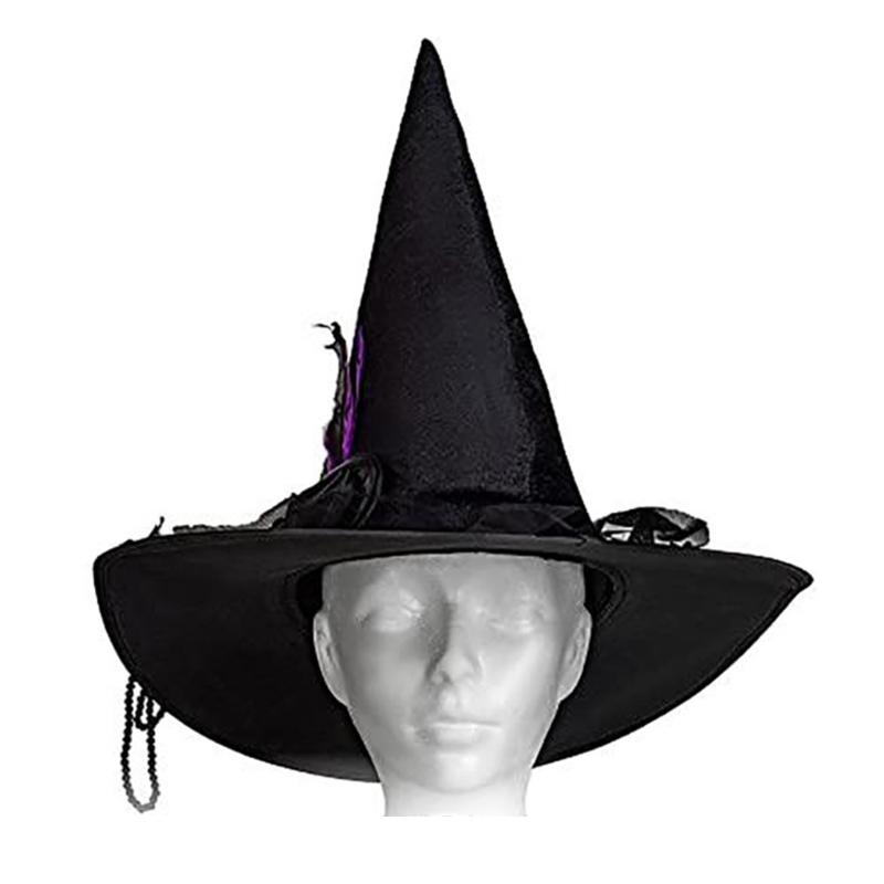Halloween Party Velvet Witch Hats Party Wide Brim Pointed Hat Accessory Black Witch Hat with Chain Conjurer
