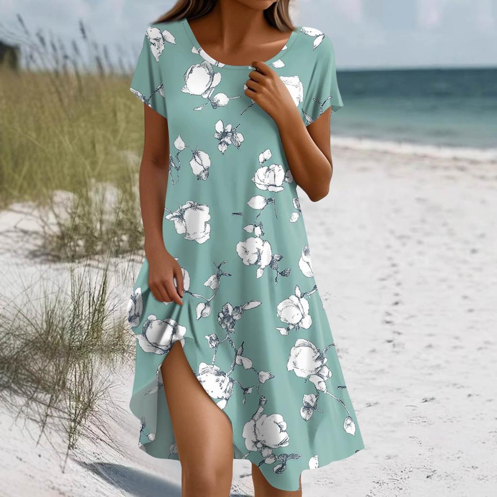 Women's Summer Short Sleeve Round Neck Floral Print Bohemian Dress With Pockets