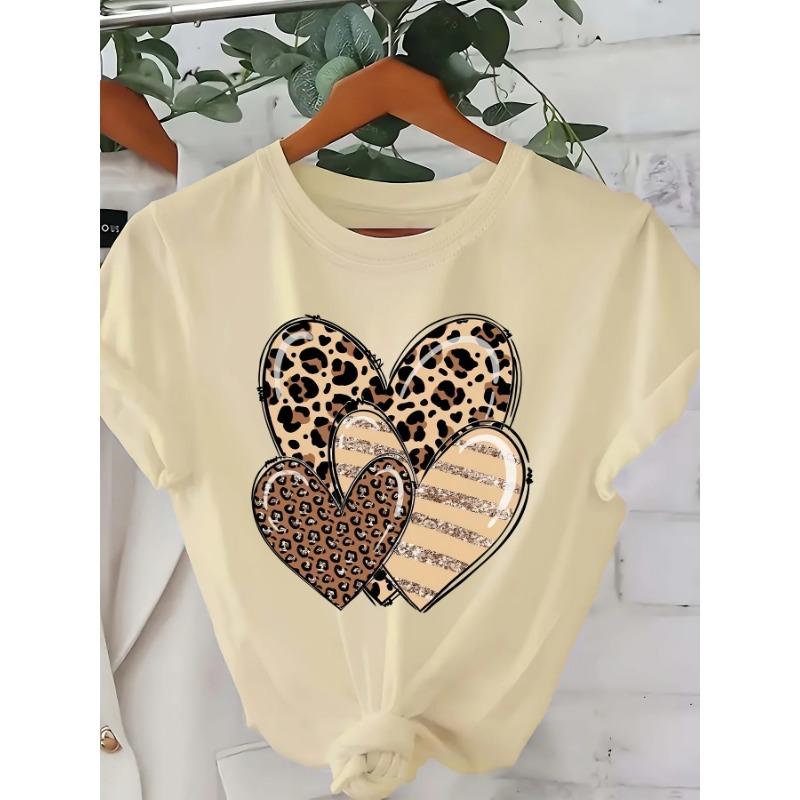 Summer Round Neck 3D Leopard Print Heart Print Top Fashionable Casual Short Sleeved Women's T-shirts