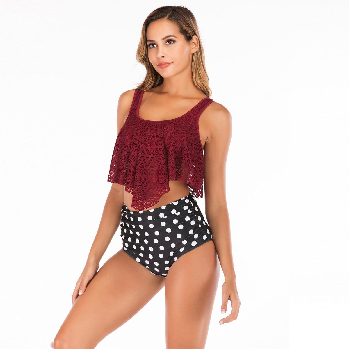 

High-Waisted Ruffled Mesh Bikini: European & American Style Large червоний