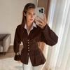 Stylish and simple French waist V-neck shirt women's 1116 autumn design slim-fitting brown long-sleeved women's shirt
