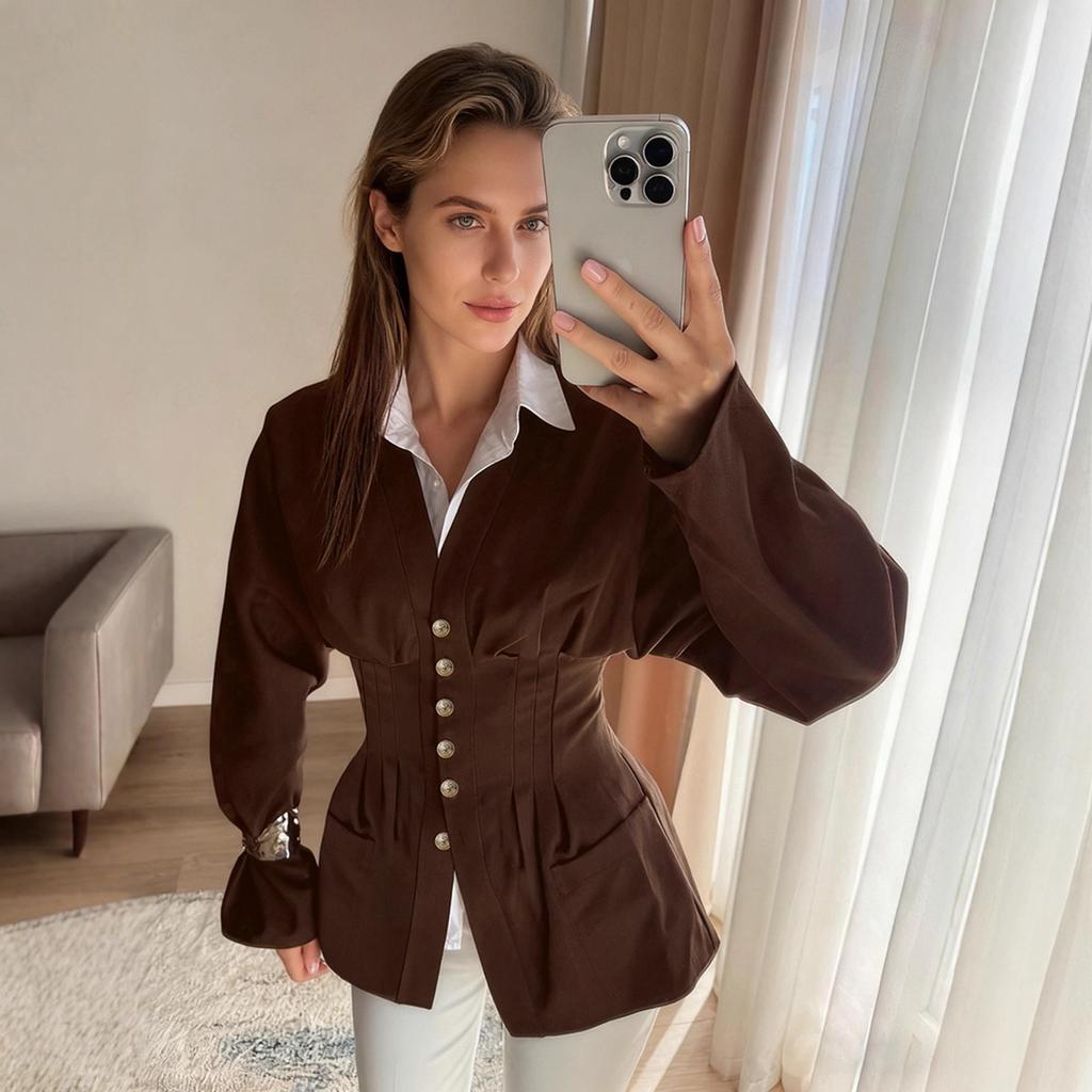Stylish and simple French waist V-neck shirt women's 1116 autumn design slim-fitting brown long-sleeved women's shirt