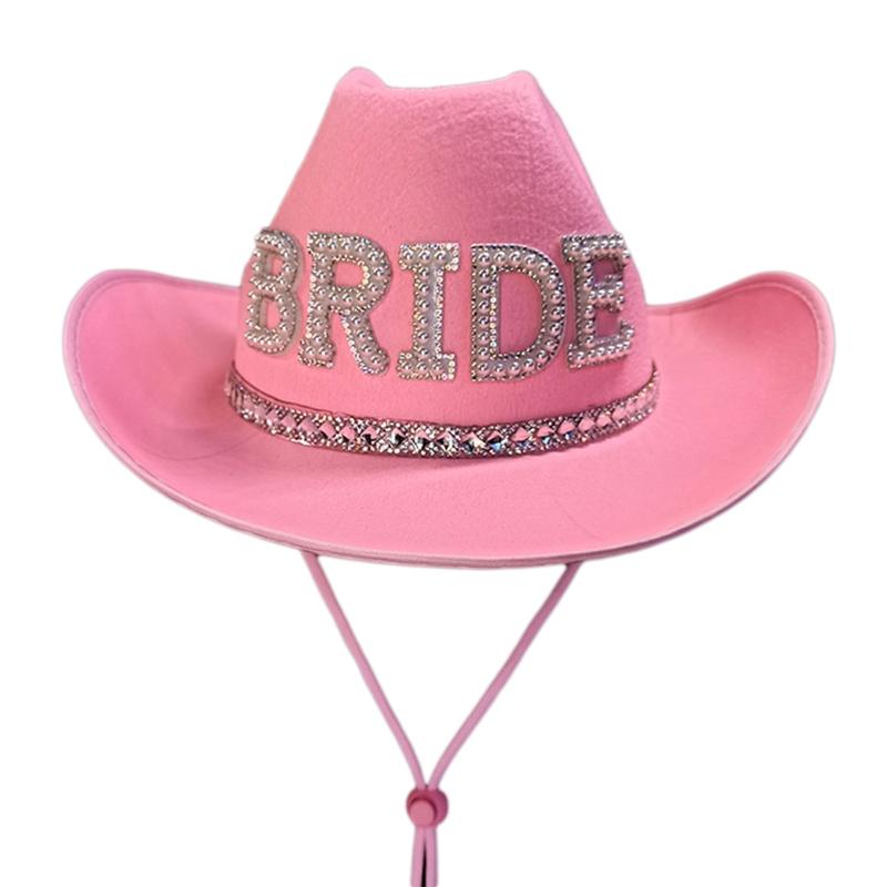 

Rhinestones Women Bride Letter Cowgirl Hat Wide Brim Bridal Western Shinning Solid Fedora Hat for Photoshoot Supplies 1 рожевий