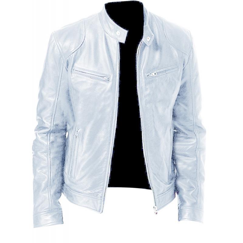 Winter Business Gentleman Warm Zip Cardigan Pocket Decorative PU Leather Jacket Stand-Up Collar Slim Leather Jacket P