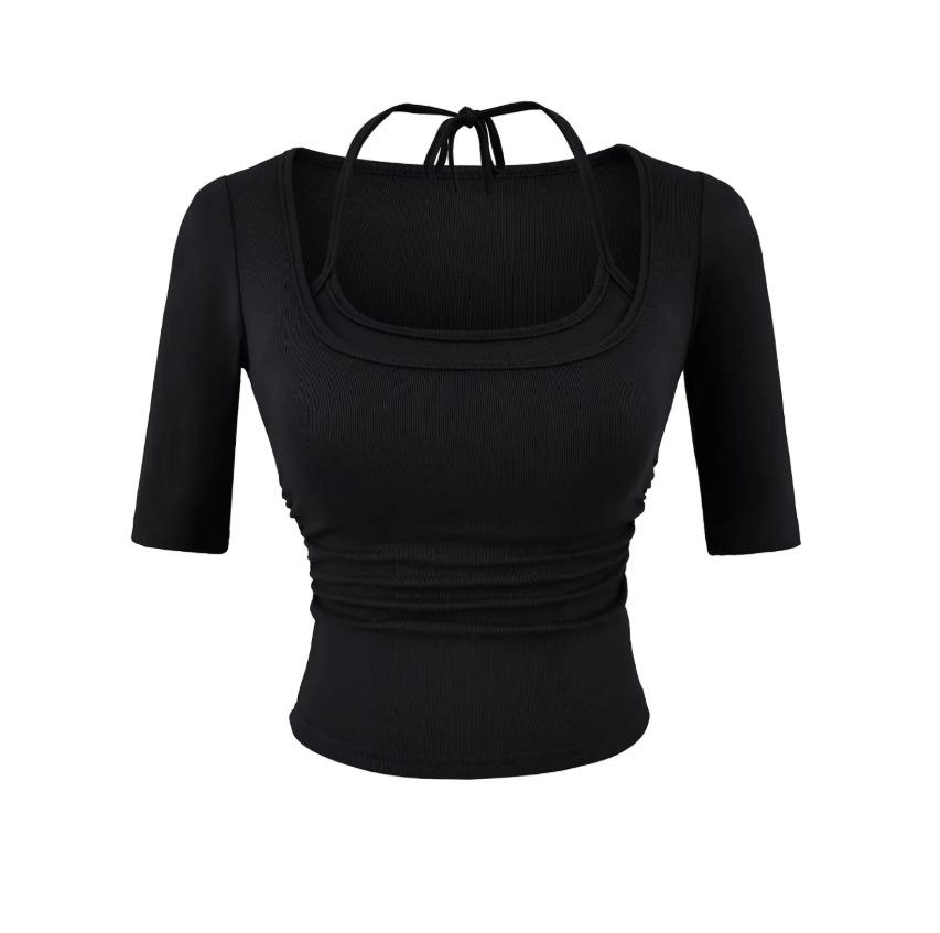 Fake two pieces neck middle sleeve T-shirt women's summer new American Spice Girl style solid color slim fit top with chest pad