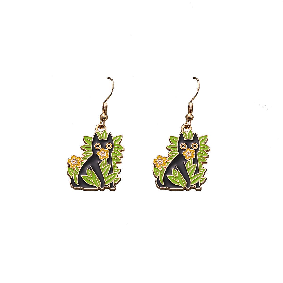 Cartoon Cute Potted Cat Earrings, Creative Personality Cactus Flower Earrings Cute Black Cat Plant Stud Earrings