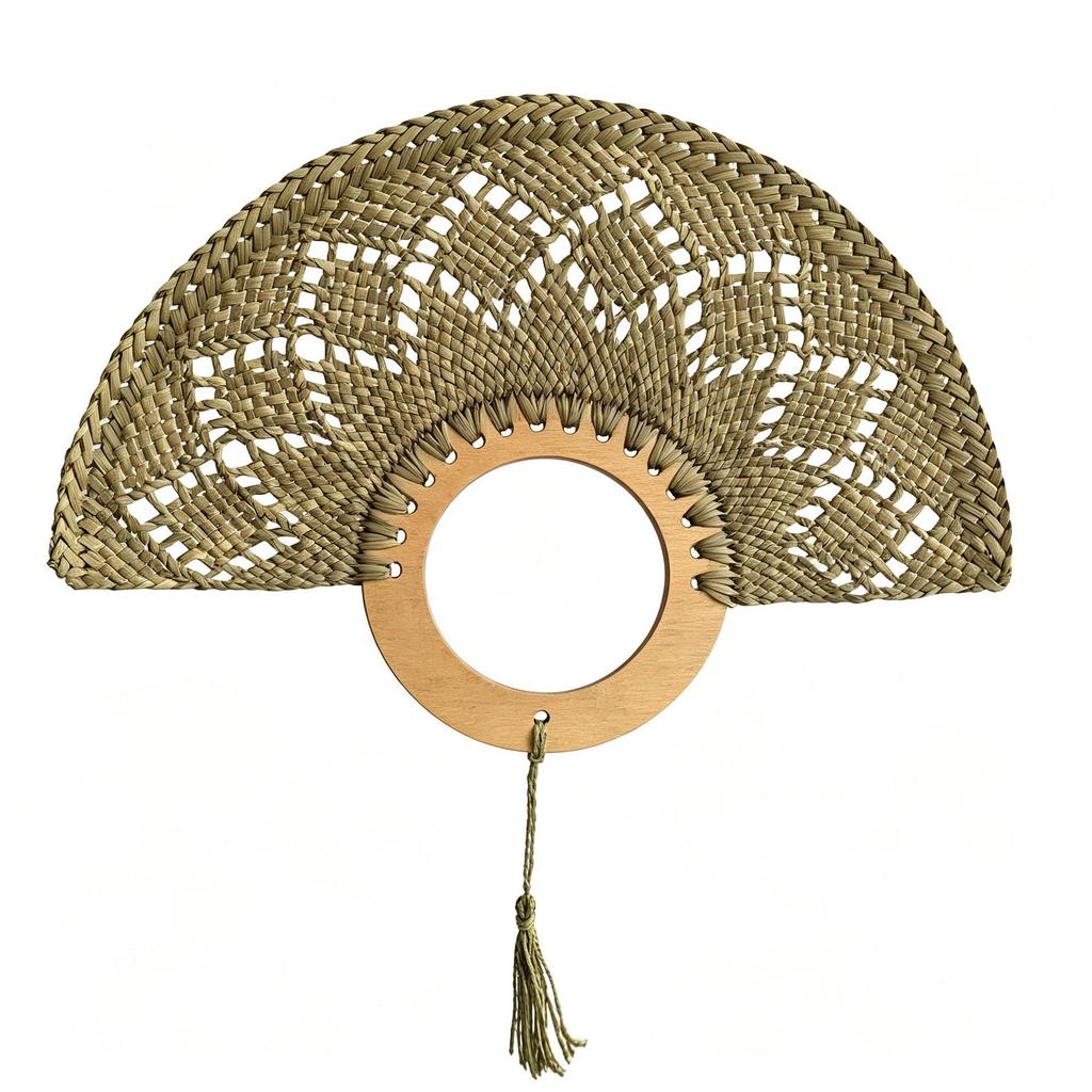 Tai Life Women's Handmade Wabi-sabi Cattail Fan: Artistic Summer Rattan Craft, Chinese Style Intangible Heritage Round Fan