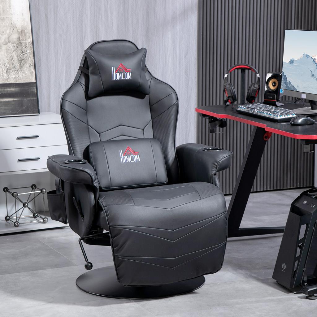 Chaise de Gaming, Fonction Massage, Dossier Inclinable, Repose-pieds, jusqu'à 120 kg, Cadre en Acier, Similicuir, Noir